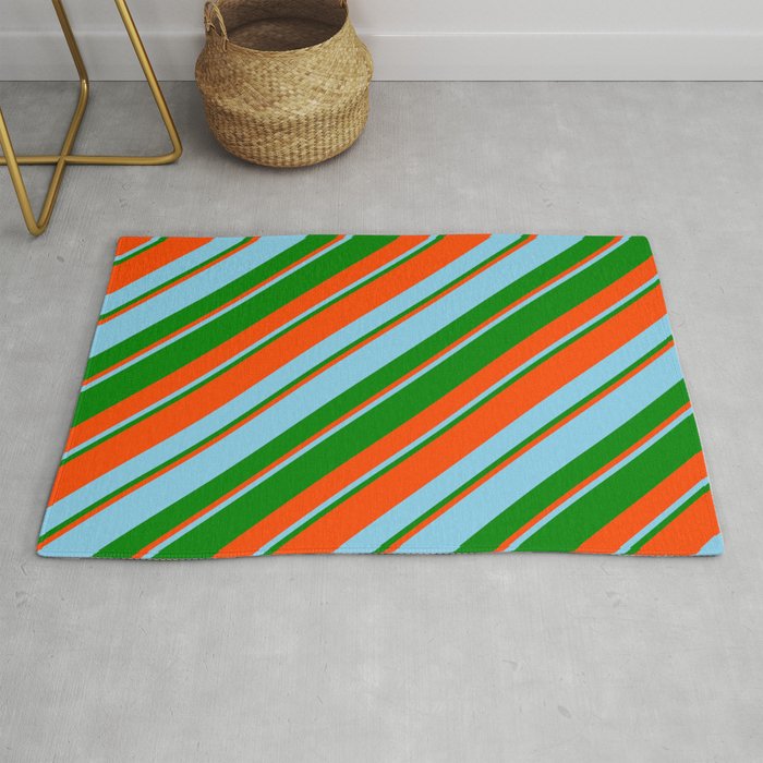 Red, Sky Blue, and Green Colored Stripes/Lines Pattern Rug
