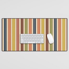 Double Stripes Retro Stripe Pattern in Orange, Mustard, Navy, and Olive on Mid Mod Beige Desk Mat