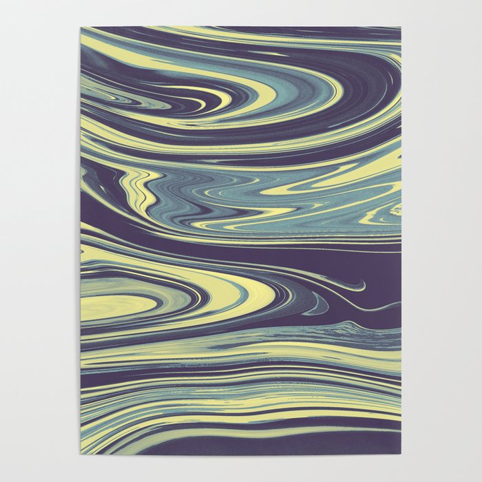 Modern abstract navy blue yellow watercolor marble Poster