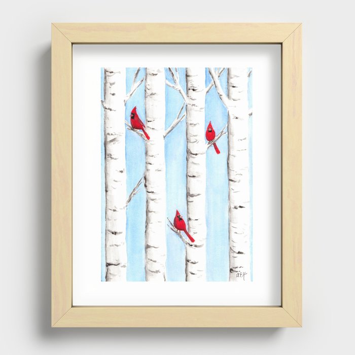 Cardinals and Birch Tree Chirstmas Art Recessed Framed Print