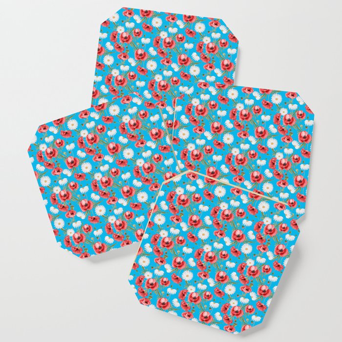 Daisy and Poppy Seamless Pattern on Turquoise Background Coaster