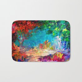 WELCOME TO UTOPIA Bold Rainbow Multicolor Abstract Painting Forest Nature Whimsical Fantasy Fine Art Bath Mat | Textured, Painting, Garden, Paradise, Forest, Dream, Trees, Fantasy, Ebiemporium, Colorful 
