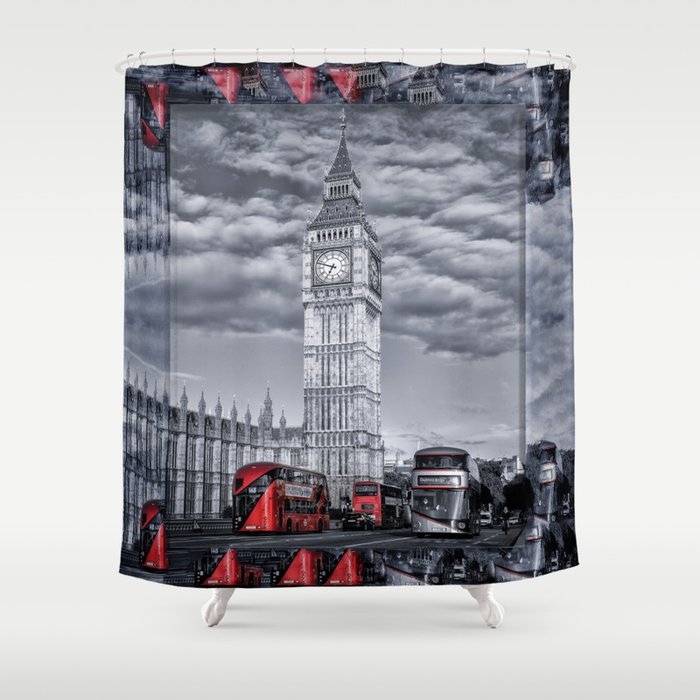 London 3 Buses with Big Ben Shower Curtain