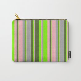 [ Thumbnail: Light Pink, Dark Grey, Dark Olive Green, and Chartreuse Colored Lines/Stripes Pattern Carry-All Pouch ]