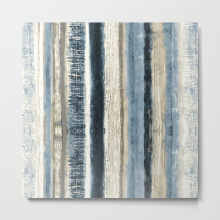 Distressed Blue and White Watercolor Stripe Metal Print