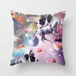 Space Cat Cow Unicorn Riding, Rainbow Laser Eyes Throw Pillow