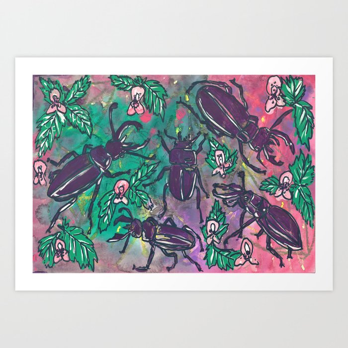 Stag Beetles and Stinging Nettles Art Print