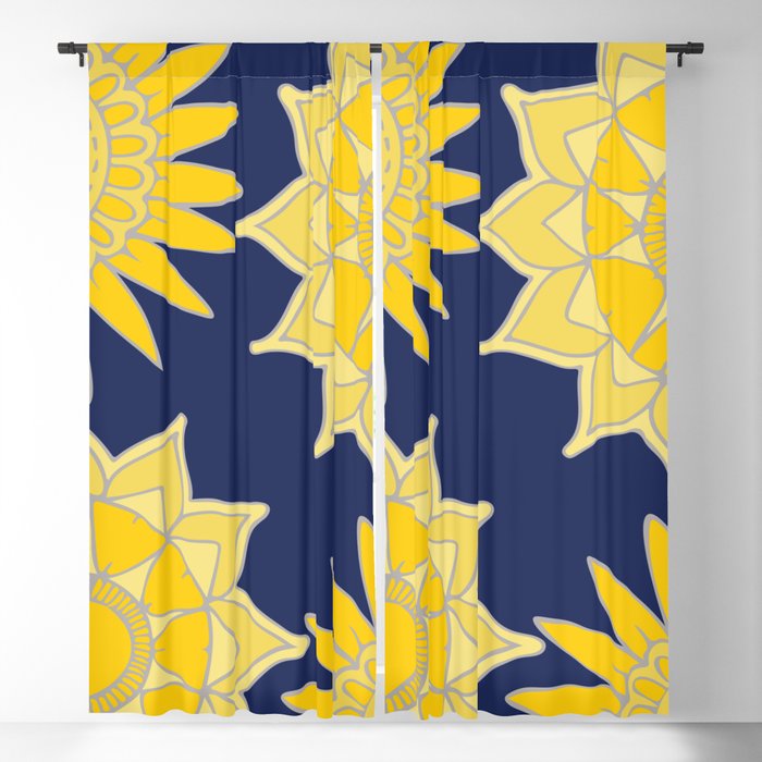 Sunshine yellow navy blue abstract floral mandala Blackout Curtain