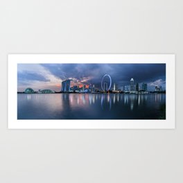 Singapore skyline and Marina Bay at sunset Art Print | Businessdistrict, Ferriswheel, Digital, Streetlight, Sunset, Color, City, Film, Gardensbythebay, Sandsresort 