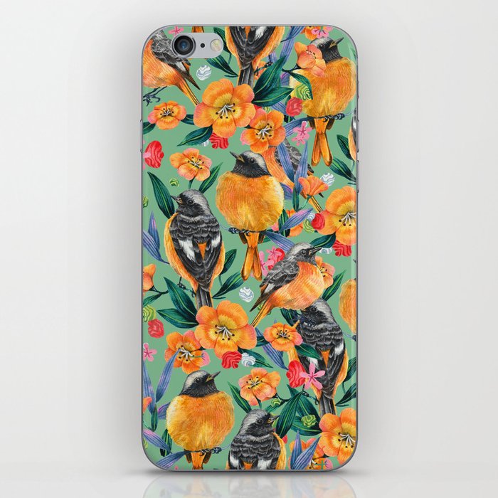 Orange Birds florals - green iPhone Skin