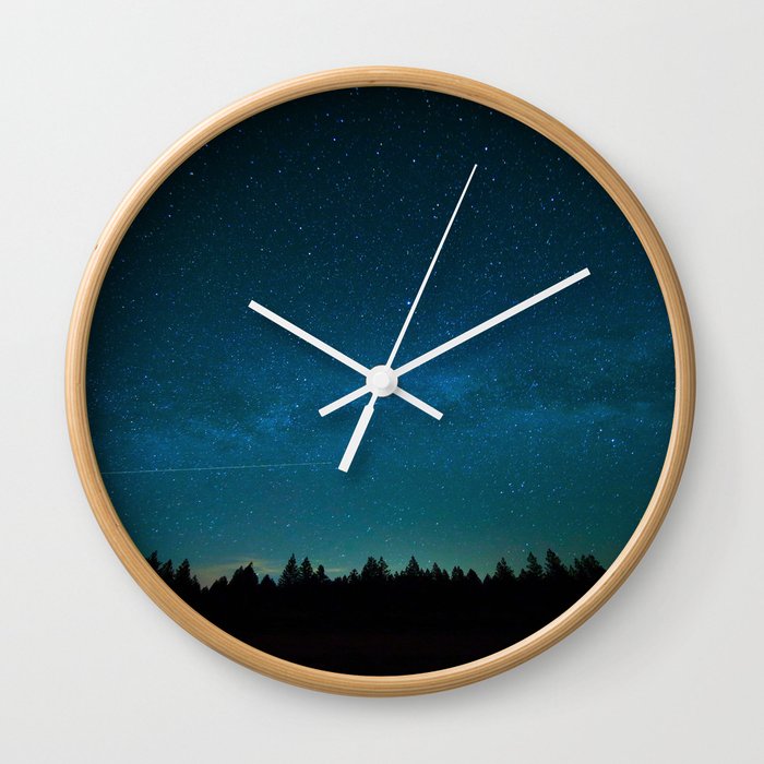 Forest Silhouette Against Milky Way Blue Star Sky Wall Clock