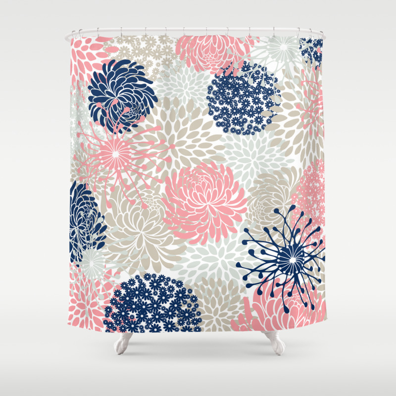 Fl Mixed Blooms Blush Pink Navy, Pink And Gray Flower Shower Curtain