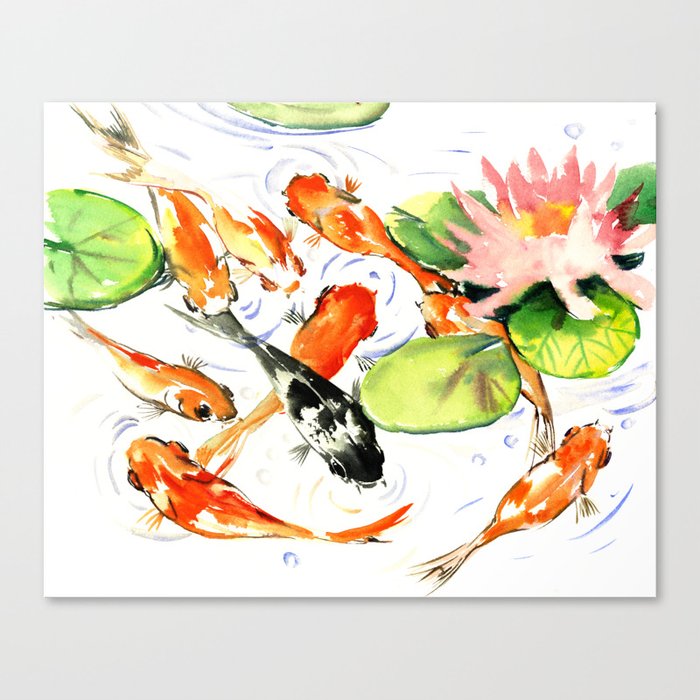 Koi Fish Pond Feng Shui 9 Koi Fish Art Canvas Print By Sureart