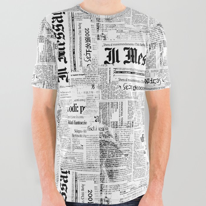 Black And White Collage Of Grunge Newspaper Fragments All Over Graphic Tee