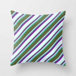 [ Thumbnail: Turquoise, Dark Olive Green, Dark Violet & Light Cyan Colored Striped/Lined Pattern Throw Pillow ]