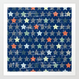 Vintage Christmas Stars on Navy Blue Art Print | Ornament, Graphicdesign, Police, Retro, Vintage, Holiday, Seamless, Colorful, Hanukkah, New Year 