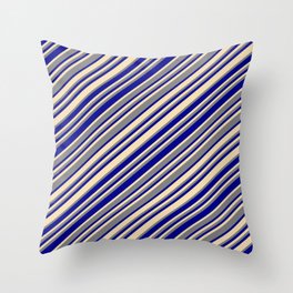 [ Thumbnail: Dark Blue, Tan, and Grey Colored Striped Pattern Throw Pillow ]