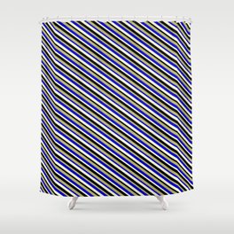 [ Thumbnail: Dark Khaki, Blue, Light Yellow & Black Colored Stripes Pattern Shower Curtain ]