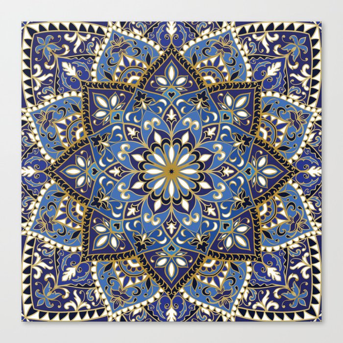 Ornamental Ethnic Bohemian Pattern XII Cobalt Gold Canvas Print