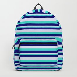 [ Thumbnail: Turquoise, Blue, and Lavender Colored Lined Pattern Backpack ]