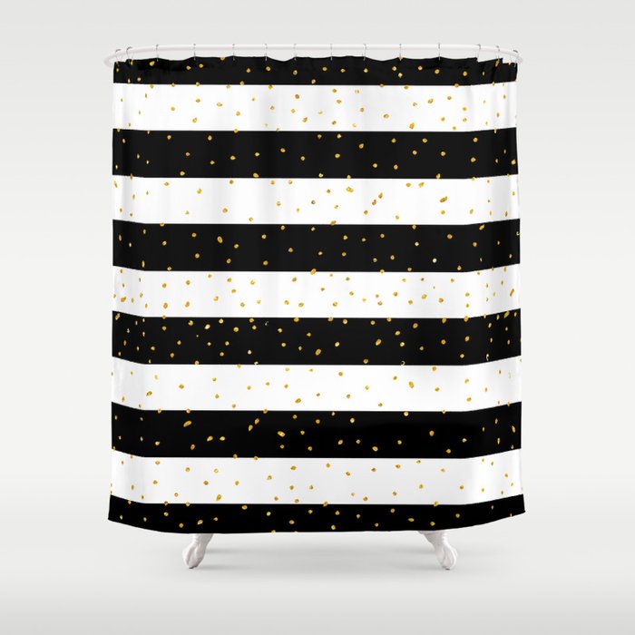 Black white gold faux glitter stripes polka dots Shower Curtain by Pink