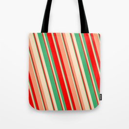 [ Thumbnail: Red, Sea Green, Bisque & Light Salmon Colored Lines/Stripes Pattern Tote Bag ]