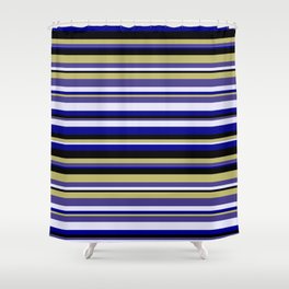[ Thumbnail: Eyecatching Dark Khaki, Dark Slate Blue, Lavender, Dark Blue, and Black Colored Lines Pattern Shower Curtain ]
