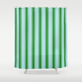 [ Thumbnail: Powder Blue and Forest Green Colored Stripes Pattern Shower Curtain ]