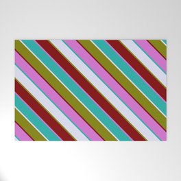 [ Thumbnail: Eyecatching Lavender, Green, Maroon, Orchid & Light Sea Green Colored Pattern of Stripes Welcome Mat ]