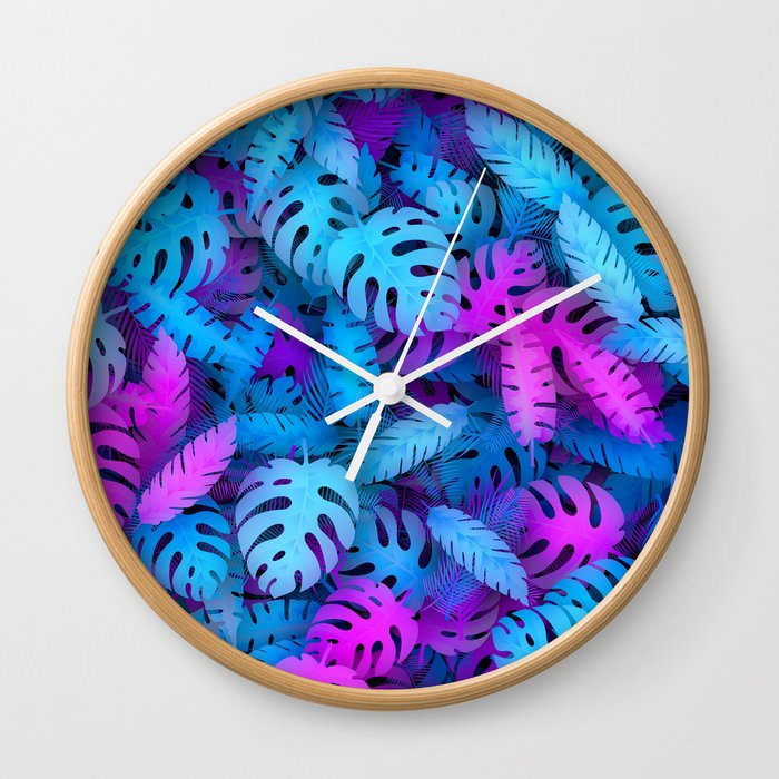 Blue pink tropical leaves Wall Clock
