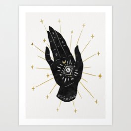 Mystic Hand with Eye - Black and Gold Ink Art Print