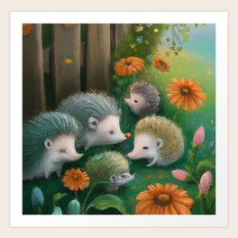 Whimsical Hedgehog Family Reunion in Country Garden Art Print