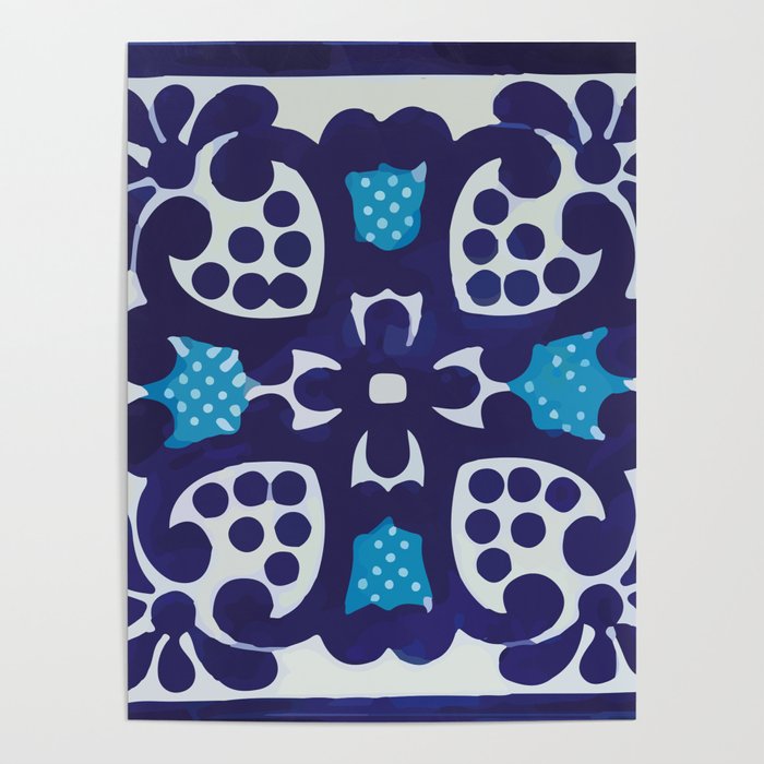 Blue classic geometric cross pattern mexican talavera Poster