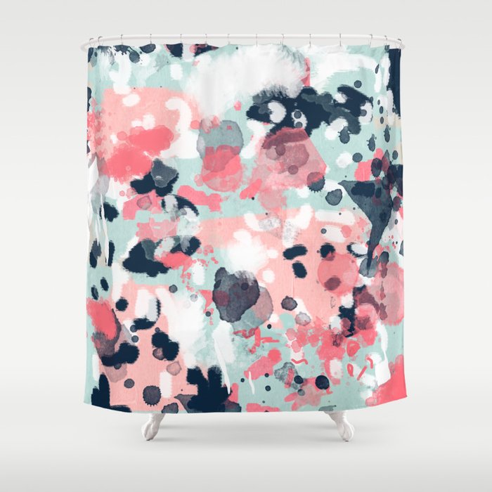 Isla - abstract painting navy mint coral trendy color palette summer bright decor Shower Curtain