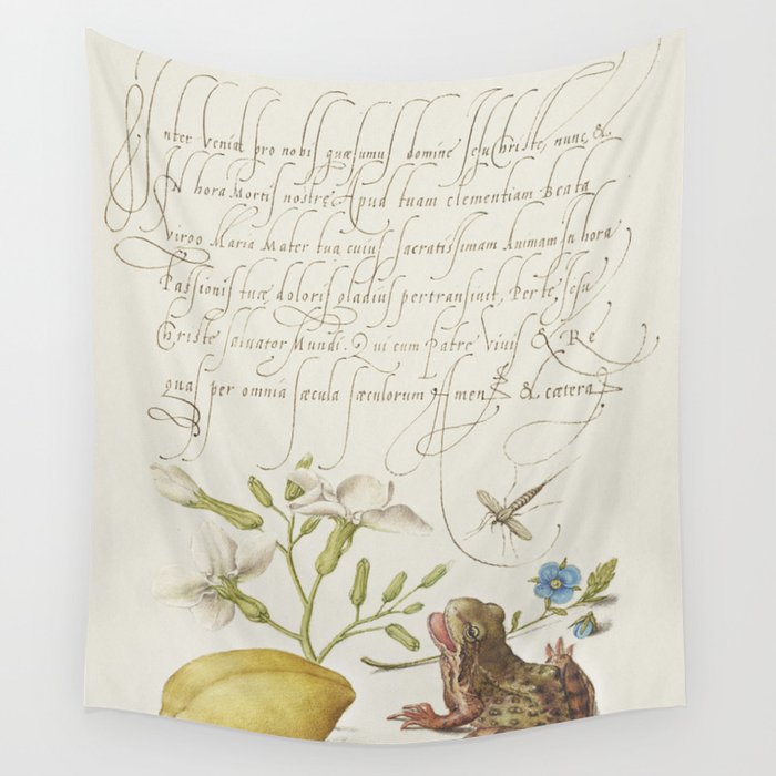 Lemon and frog vintage calligraphic art Wall Tapestry