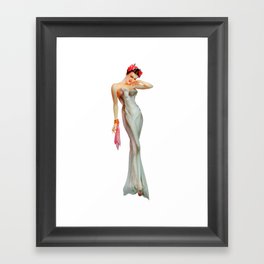 Sexy Brunette Pin Up With Flowers in The Hair And White Dress Framed Art Print