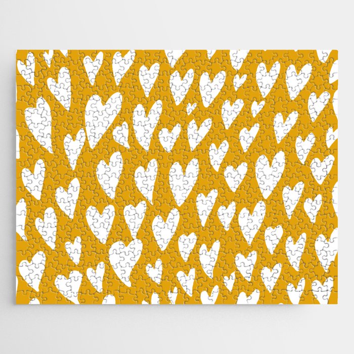Valentines day hearts explosion - white on ochre Jigsaw Puzzle