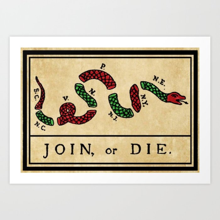 1776 "Join, or Die" Revolutionary War flag with 13 colonies, snake & colors by Benjamin Franklin Art Print