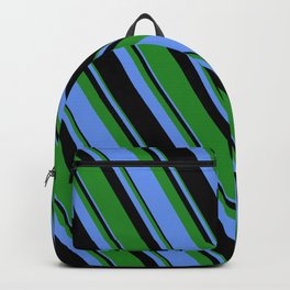 [ Thumbnail: Forest Green, Cornflower Blue & Black Colored Lines Pattern Backpack ]