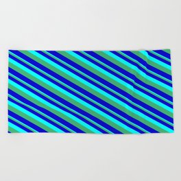 [ Thumbnail: Aqua, Sea Green & Blue Colored Striped/Lined Pattern Beach Towel ]