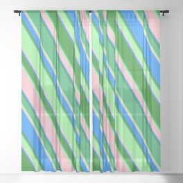 [ Thumbnail: Eye-catching Forest Green, Sea Green, Green, Pink & Blue Colored Lined/Striped Pattern Sheer Curtain ]