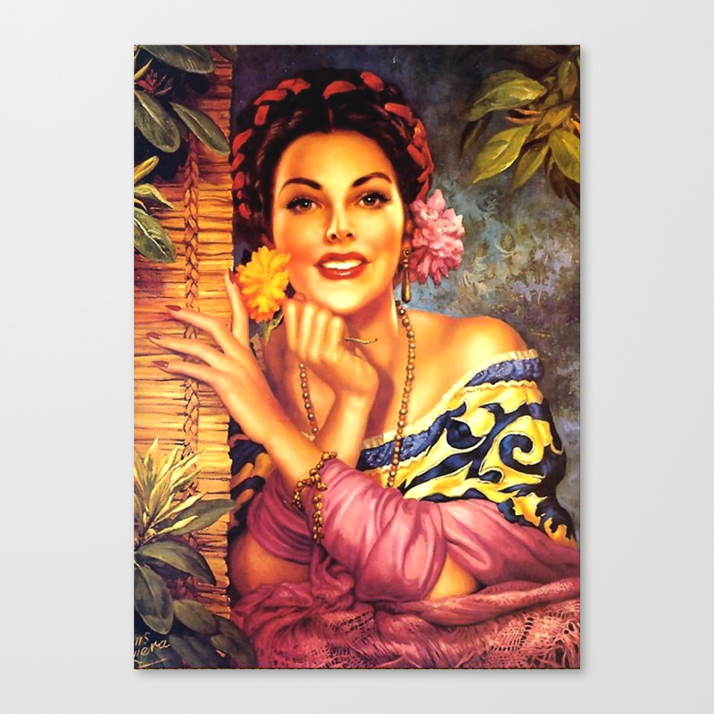 Jesus Helguera Painting Of A Mexican Girl Beside Rattan Curtain