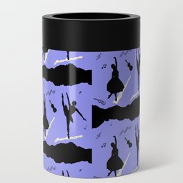 Two ballerina figures in black on blue paper Can Cooler