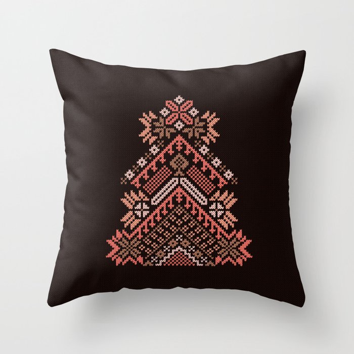 Vintage knitted Christmas tree coral red black Throw Pillow