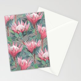 Pink Painted King Proteas on grey Stationery Card