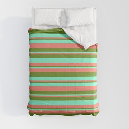 [ Thumbnail: Salmon, Green & Aquamarine Colored Stripes/Lines Pattern Comforter ]