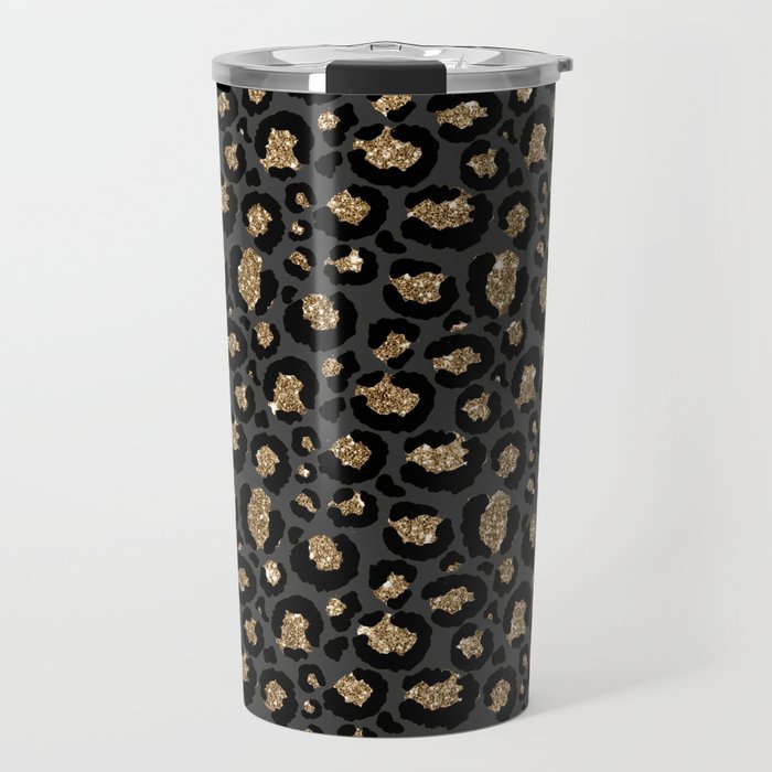 Black Gold Leopard Print Pattern Travel Mug