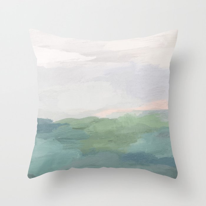 Farmland Sunset I - Seafoam Green Mint Black Blush Pink Abstract Nature Land Art Painting Throw Pillow