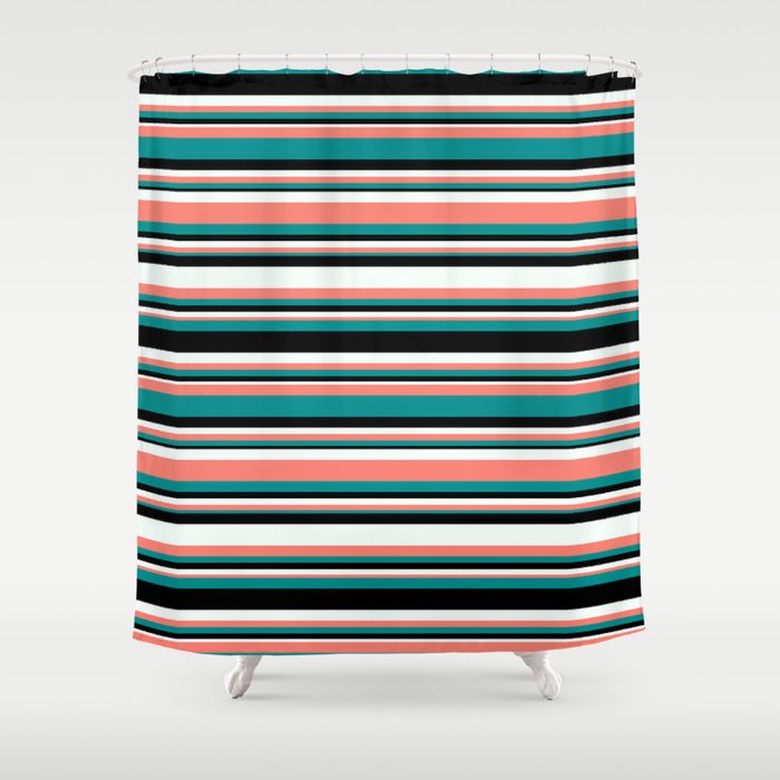 Mint Cream, Salmon, Dark Cyan & Black Colored Lined/Striped Pattern Shower Curtain