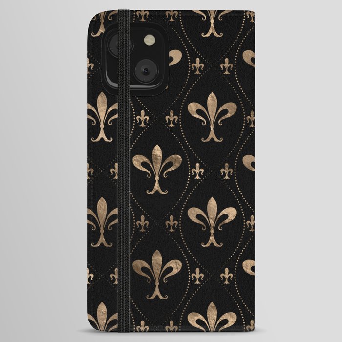 Fleur-de-lis pattern black and gold iPhone Wallet Case